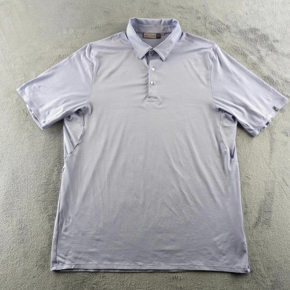 KJUS Soren Polo Shirt Mens 2XL Blue White Striped Golf UPF 50+ Polyester Logo